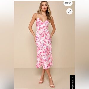 Lulu's Radiant Confidence Hot Pink Floral Chiffon Lace-Up Midi Dress large